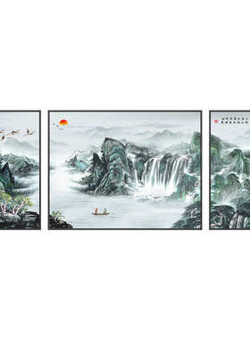 招财客厅晶流水山水三联生财装饰靠山国风瓷画画中新大幅壁画中式