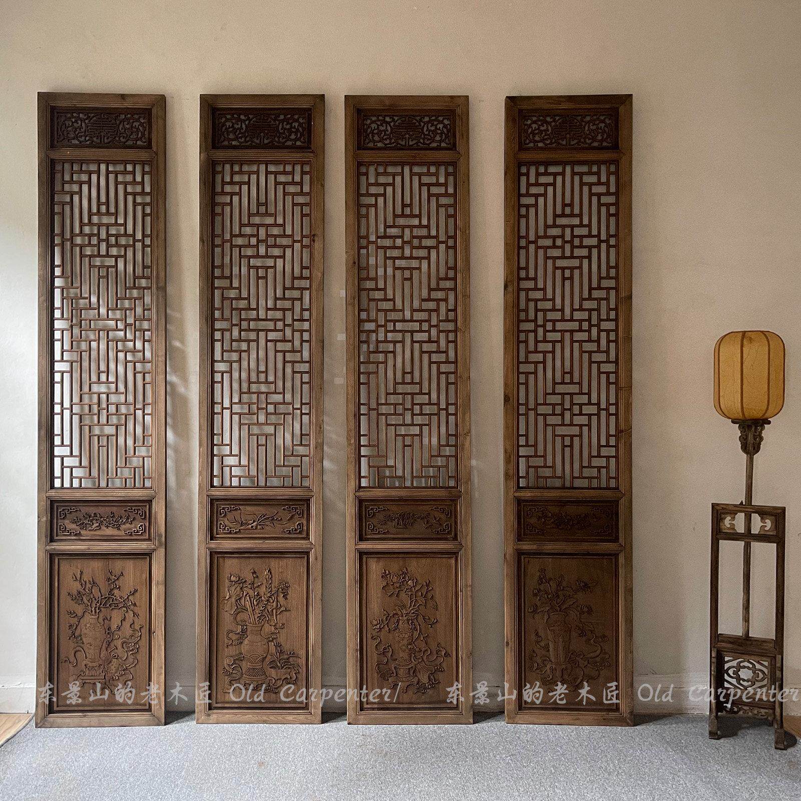中式屏风彷古做旧隔断门窗覆古实木花格镂空雕花背景东阳木雕定制