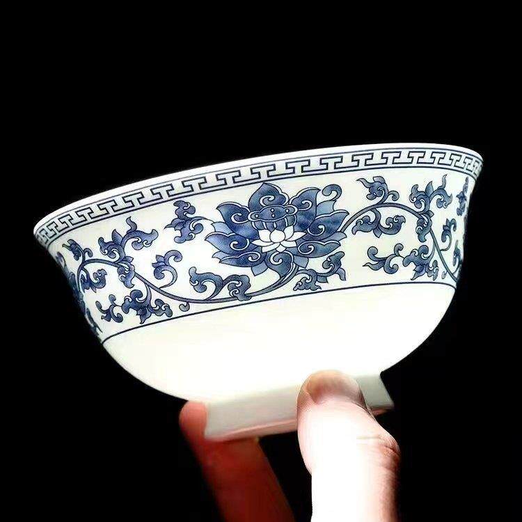 10个景德镇青花瓷饭碗骨瓷面 面碗高脚中式釉中碗碟筷套装家用吃