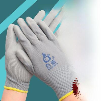 包邮百盛PU浸胶涂掌尼龙防静电手套劳保工作耐磨防滑打包薄款手套