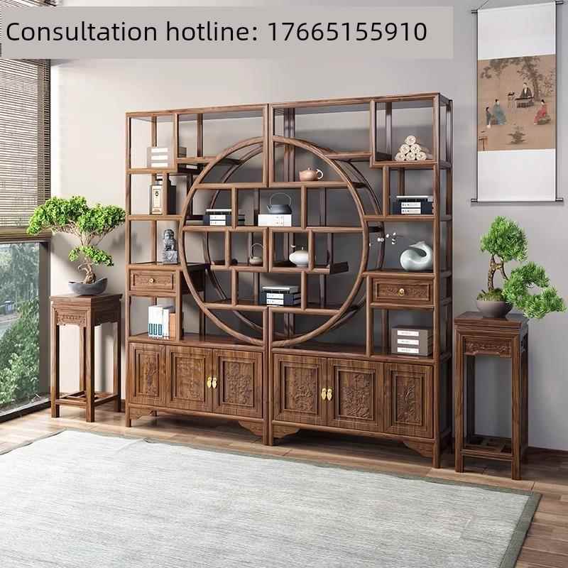 南榆木多宝阁茶叶置物架实木新中式大团圆博古架客厅隔断展示柜子