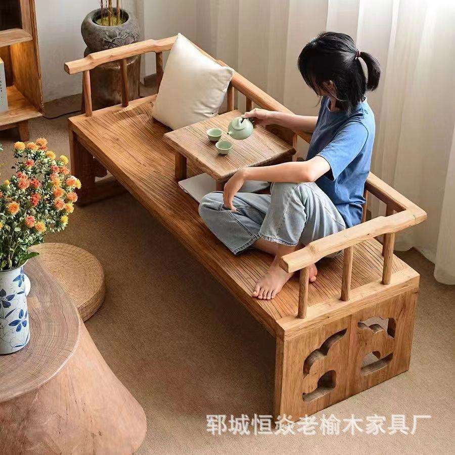 老榆木实木沙发椅客厅家具新中式禅意沙发躺椅带扶手老门板长椅