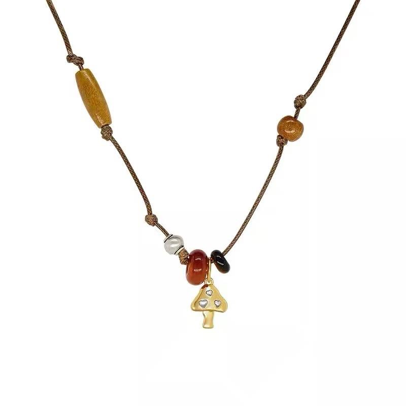 《木林蘑菇》木珠编绳蘑菇项链女原创小众设计感秋冬氛围感毛衣链