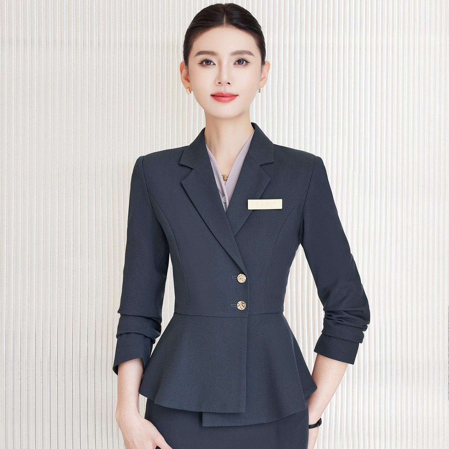 灰色收腰西装女秋冬职业套装珠宝店工作服酒店前台美容院经理高端