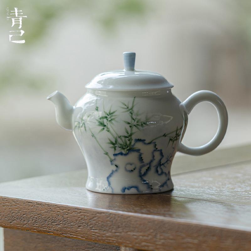 青己手绘太湖石竹子茶壶功夫茶具青花泡茶壶球孔过滤家用宫灯单壶