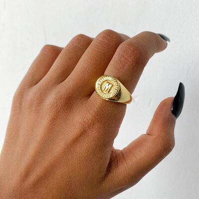 Vintage Initial Letter Signet Rings For Women Stainless Stee