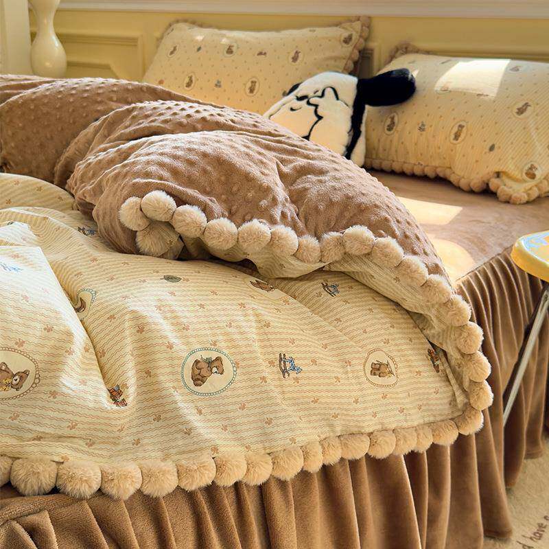 ab面全棉豆豆绒床裙款床上四件套冬季加厚一面棉一面绒被套罩床品