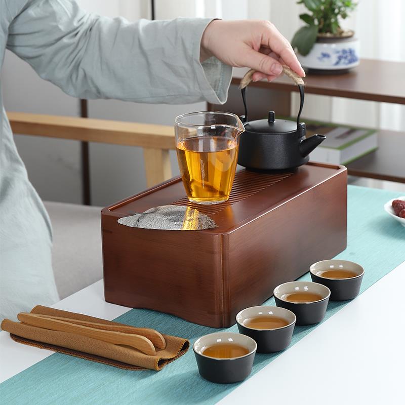 旅行茶具小套装复古黑陶盖碗户外泡茶器碳化收纳竹盒简约旅游居家