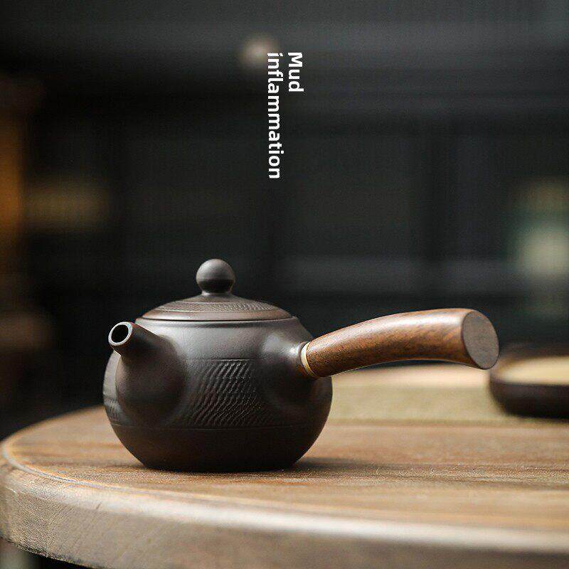 紫陶跳刀侧把茶壶中式家用过滤壶单壶陶瓷功夫茶具覆古木柄泡茶壶