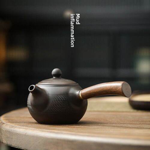 紫陶跳刀侧把茶壶中式家用过滤壶单壶陶瓷功夫茶具覆古木柄泡茶壶