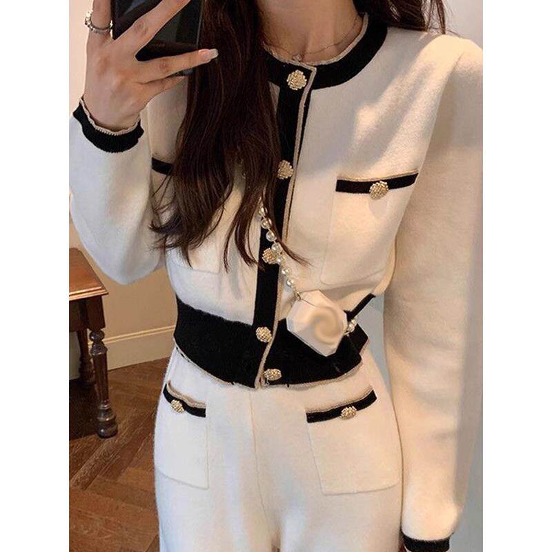 欧洲站秋装女2025新款港风覆古高级感套装修身气质裤子针织两件套