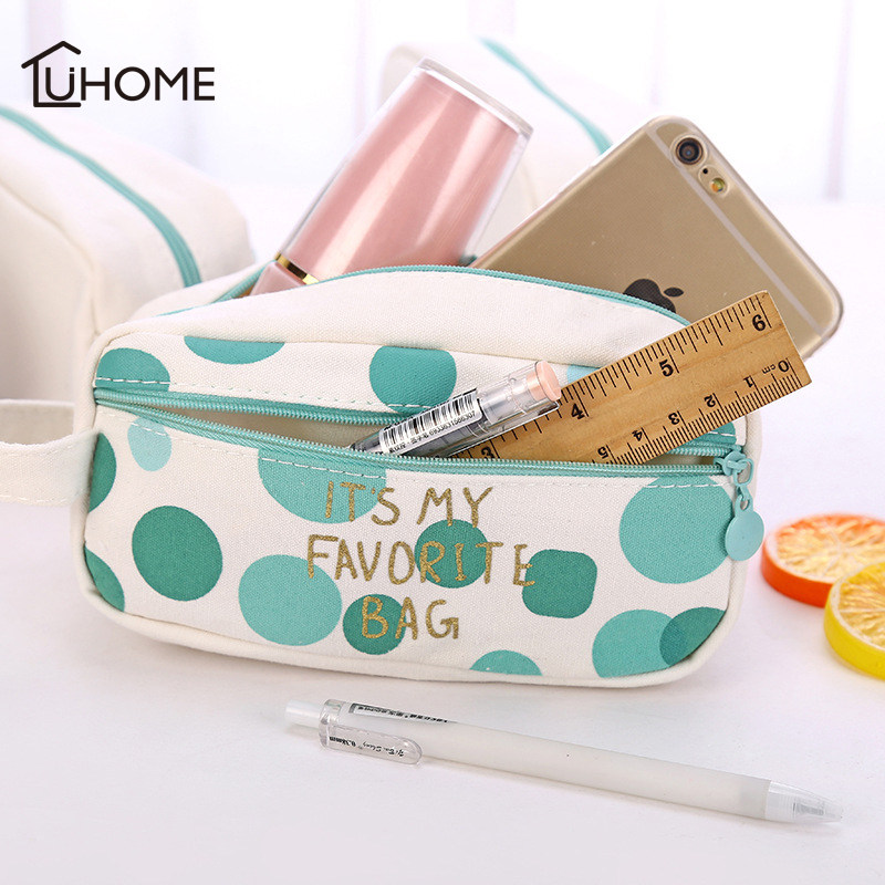 Kawaii Cute Green Dot Stripe Canvas Pencil Case Storage Orgain the Storage consolidation , Household appliances dust , Phone Dust  category - from Buy2taobao.com to provide professional Taobao agent buy service