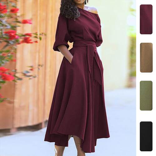 Women's Casual Solid Color Dress  Round Neck Side Pocket