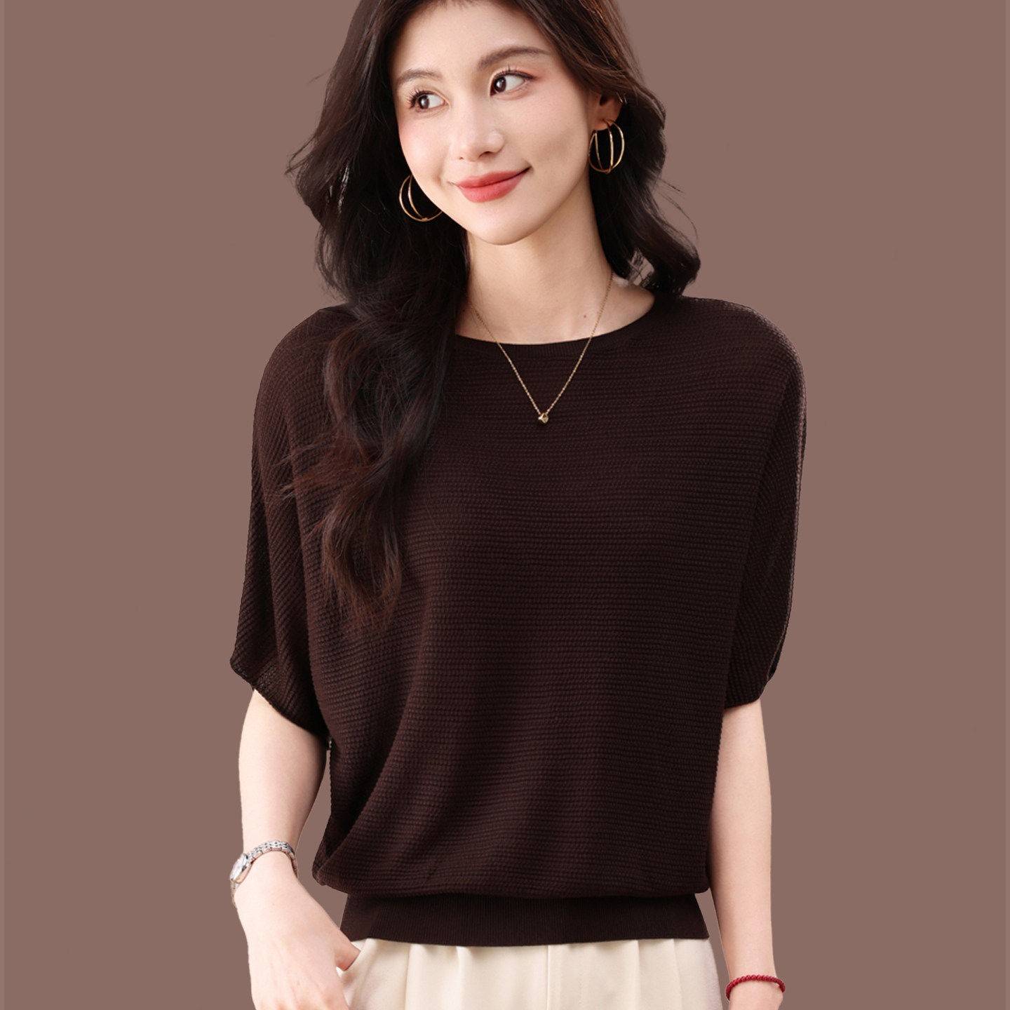 桑蚕丝蝙蝠袖T恤女2026夏季新款薄款宽松显瘦圆领通勤上衣