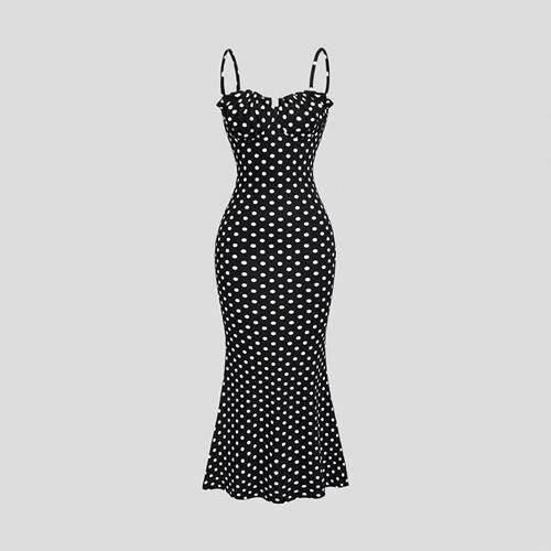 Vintage Wine Polka Dot Halter Tail Skirt Sexy V Neck Waist