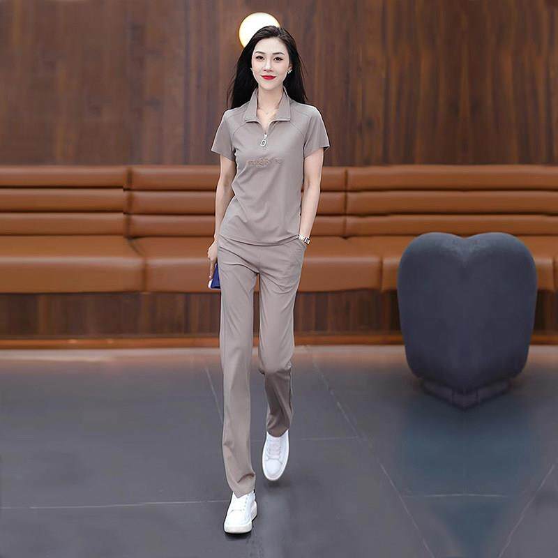 休闲 运动服套装女夏季2025新款洋派显瘦减龄冰丝短袖阔腿裤两件