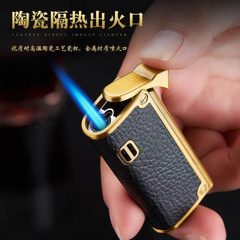 跨境网红防风直冲皮质打火机复古老式充气蓝焰电子点烟器创意