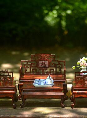 古典娃娃屋微缩红酸枝实木家具模型 迷你民国风沙发椅子茶几花架