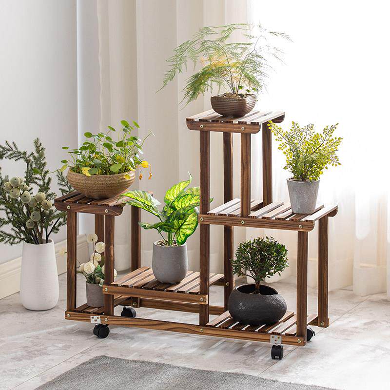 实木花架子客厅落地式阳台置物架可移动带轮子简约多肉绿植盆栽架
