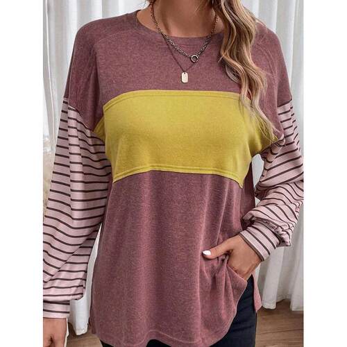Striped Crew Neck T-shirt Casual Long Sleeve Top for Spring