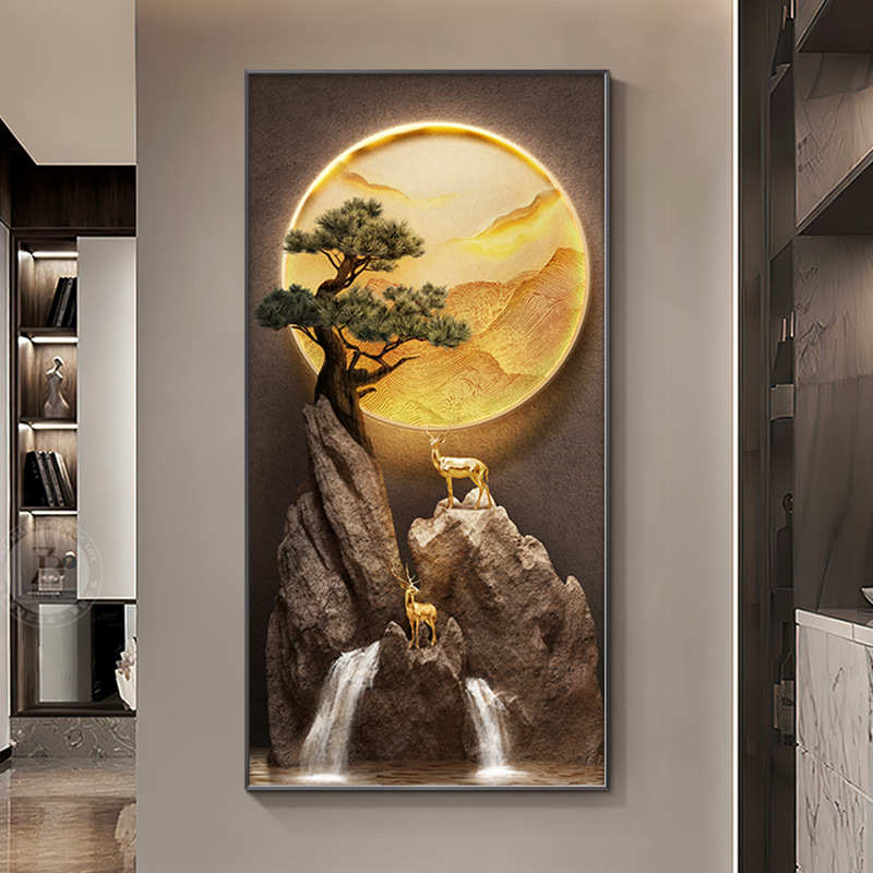 背有靠山入户玄关装饰画竖版现代轻奢走廊过道进门正对墙挂画麋鹿