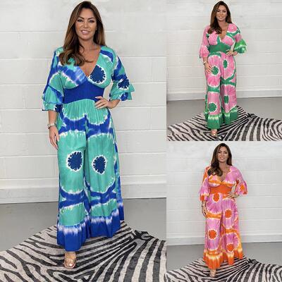 Women's oversized printed flared sleeve wide leg