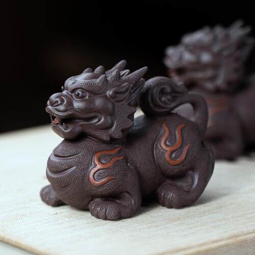 宜兴纯紫火砂茶麒CWJ宠麟配摆件招财貔貅可养茶具件茶桌雕塑