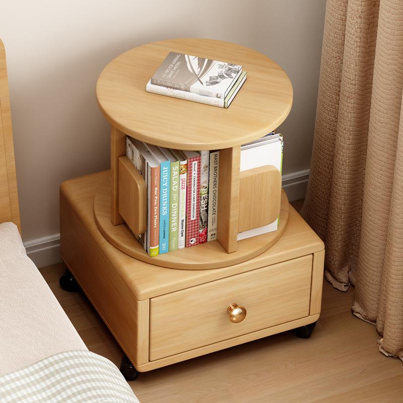 多功能小型储物架卧室实木床头柜多层旋转小书架带轮可移动置物架