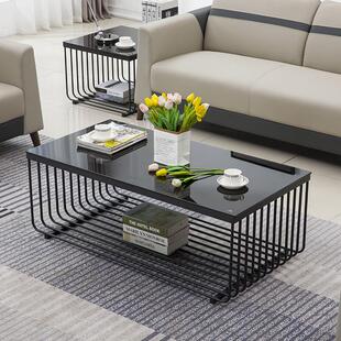 简约办公茶几防爆钢化玻璃茶几现代钢架脚长几轻奢茶台黑色A08