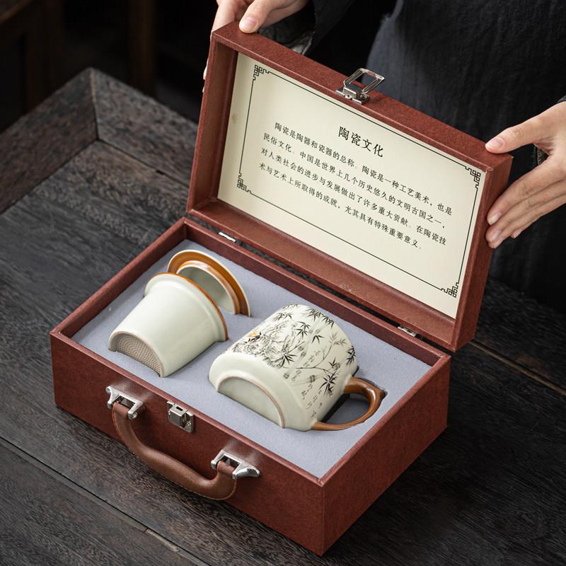 汝窑陶瓷办公杯礼盒大容量泡茶杯茶水分离马克水杯送领导客户新款