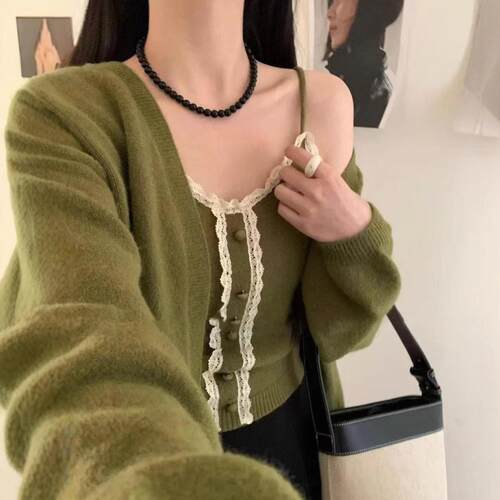 Long sleeved sweater cardigan women's layered lace lace