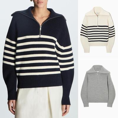 Women's open neck knitted sweater with striped zipper and