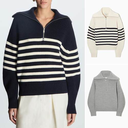 Women's open neck knitted sweater with striped zipper and