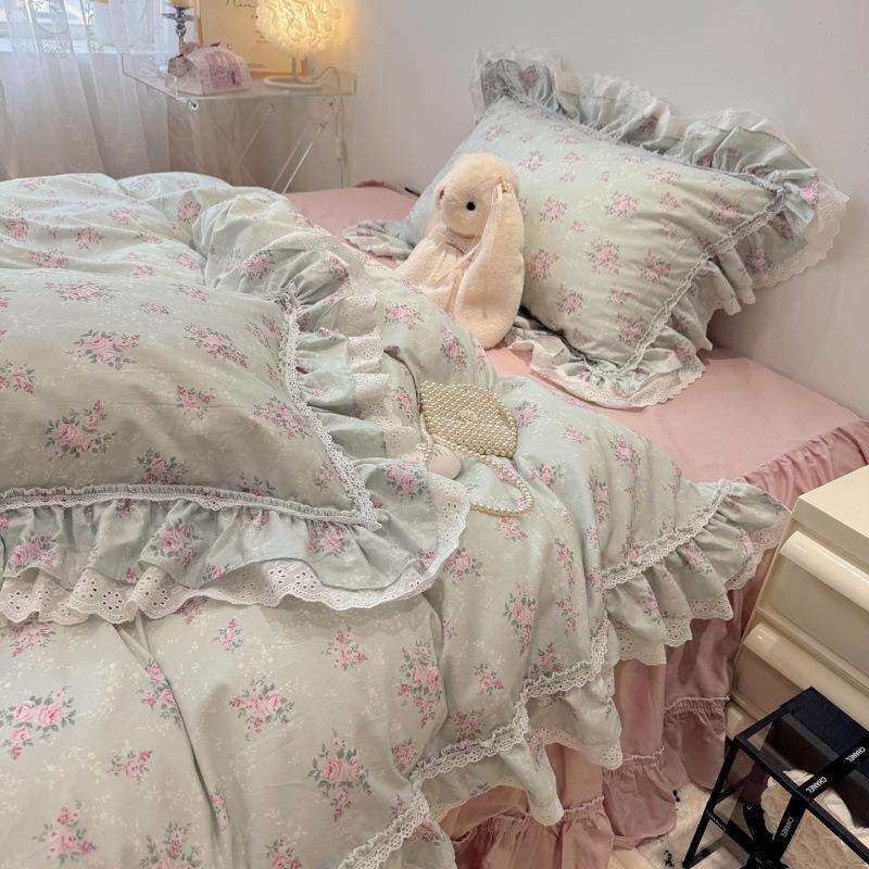仙女款荷叶边全棉套GWR公主x风花边被床套碎花田四园床件裙.m品