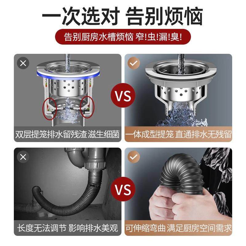 厨房水槽下水管排水管洗碗/池单槽防反臭用下水通全洗菜盆套器配