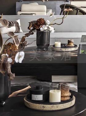现代中古风样板房客厅茶几酒店洽谈桌仿真花托盘香薰组合装饰摆件