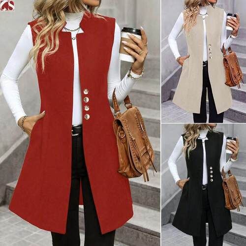 Women's Fitted Solid Notched Neck Button Front Gilet Vest