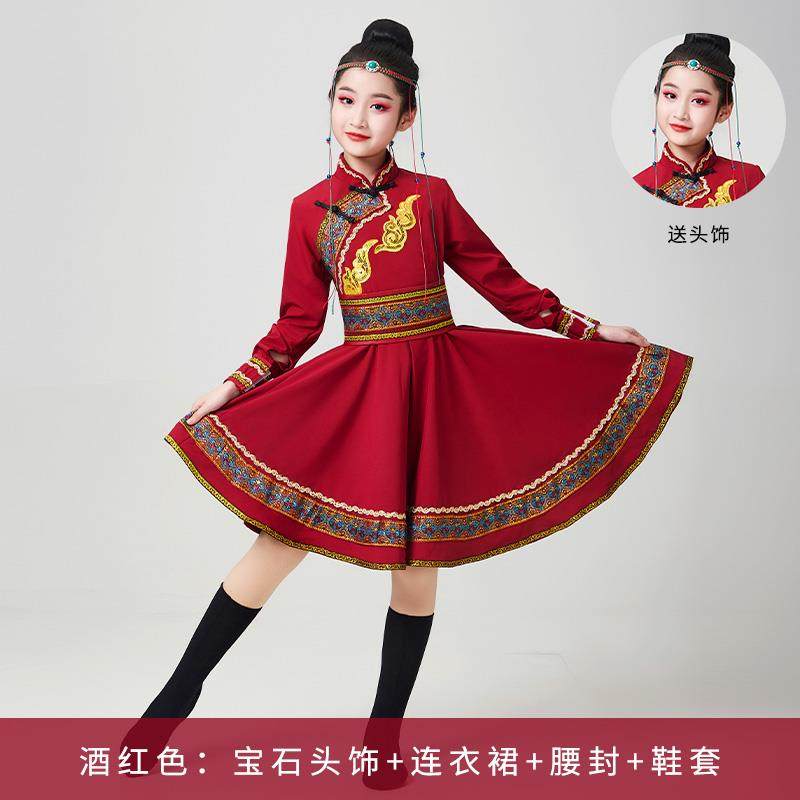 高档新款儿童蒙古服族白服舞蹈马出服女童蒙古装草原筷子舞表演演