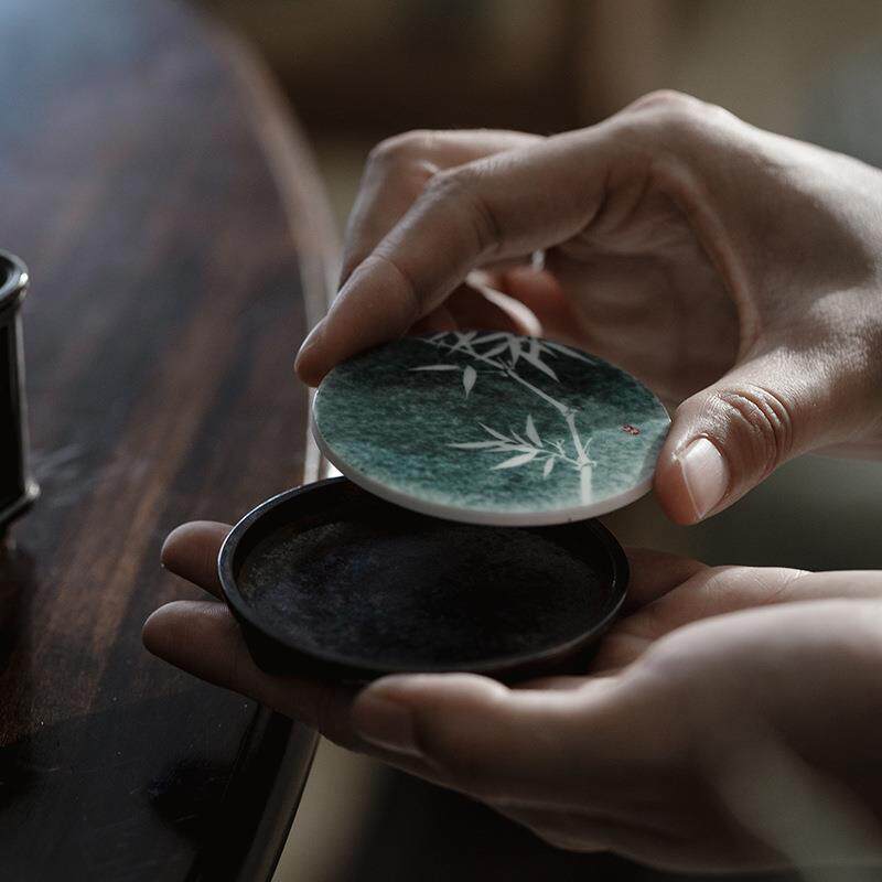 无落 半锡点铜景德镇手绘墨染竹风盖置茶道配件盖碗茶壶盖托杯垫