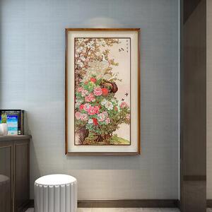孔雀花纹装饰画中式风格客厅牡丹挂画古朴典雅花开富贵吉祥铜板画