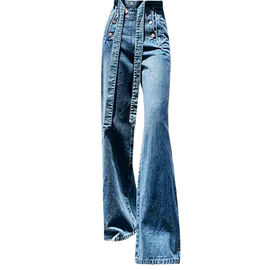 地球店蓝色宽松斜纹牛仔裤女秋季双排扣高腰直筒裤小众设计感