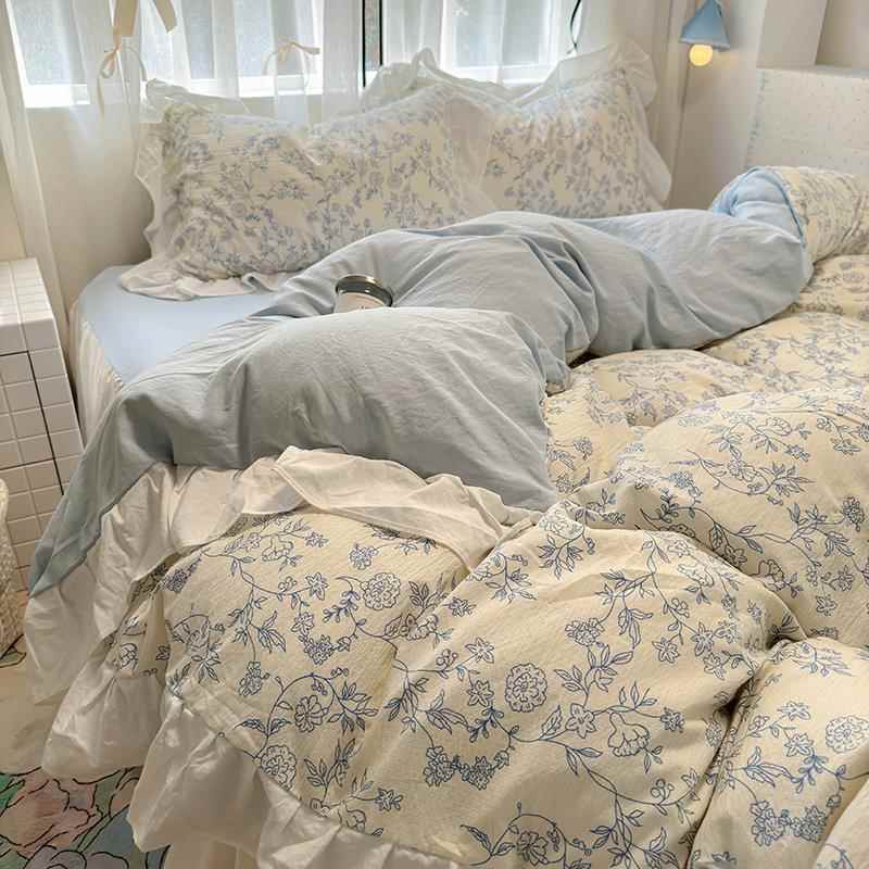 韩式花边床上四件套四季通用床笠被套床裙学生宿舍三件套家用套件
