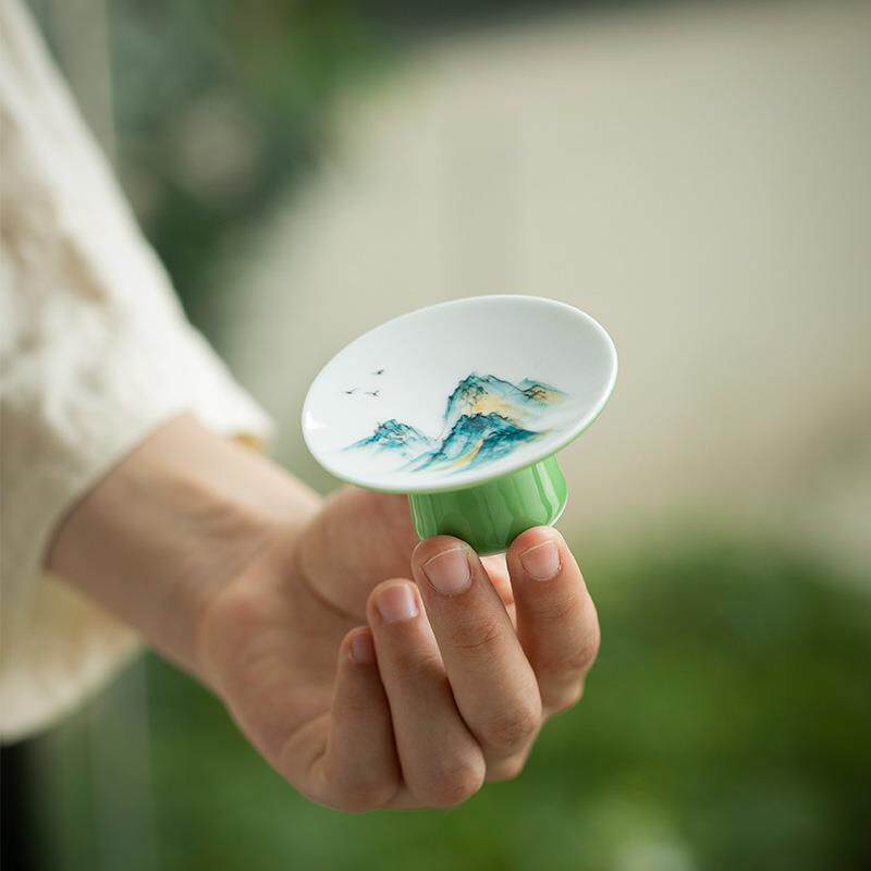 手绘高脚盖置陶瓷功夫茶具紫砂壶盖托盖碗茶垫复古摆件茶道配件