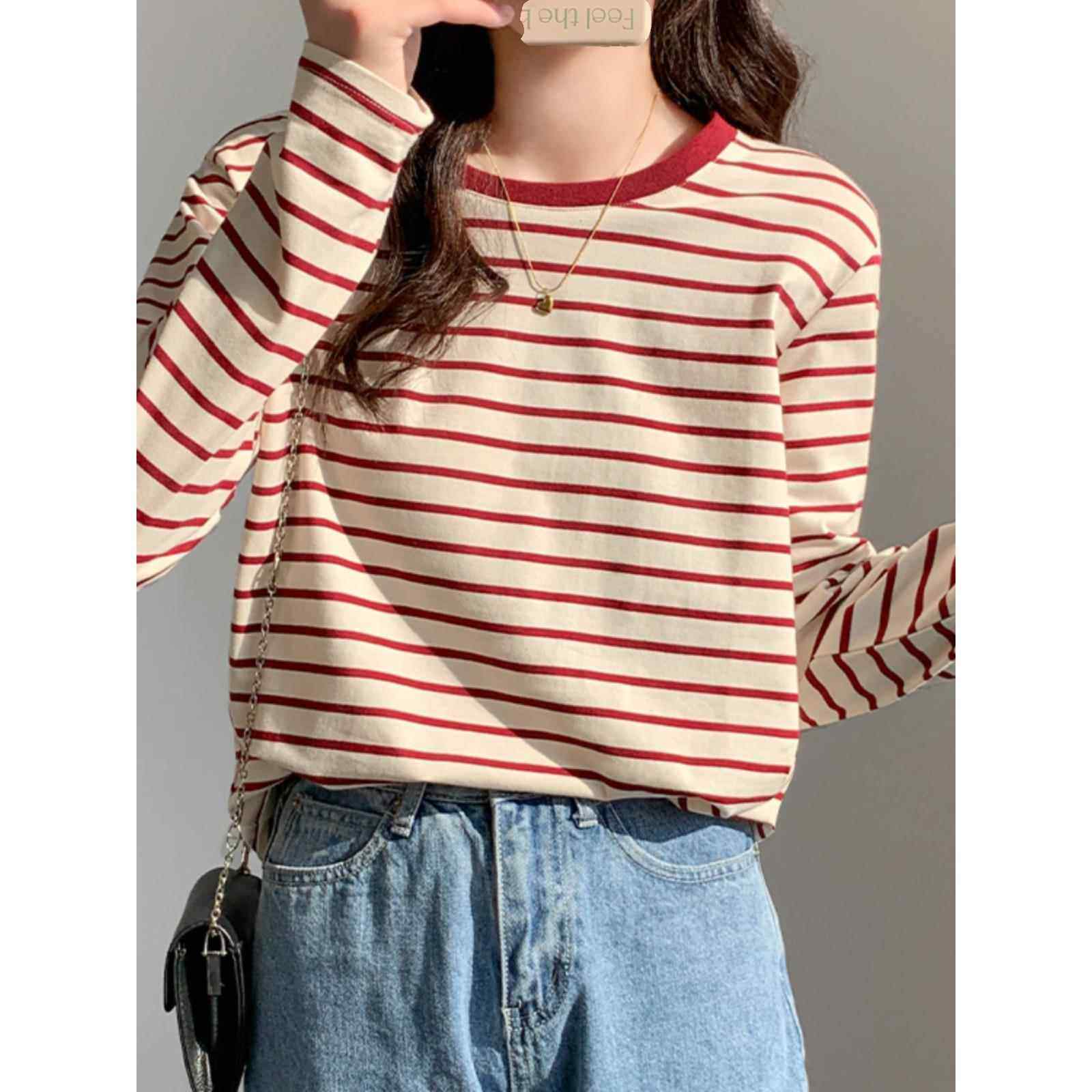 2026新款春春季季大码宽松质女式长袖t恤红色条纹上衣配下装0113w,女装/女士精品,T恤,淘宝优惠券,粉丝福利购,淘宝优惠卷