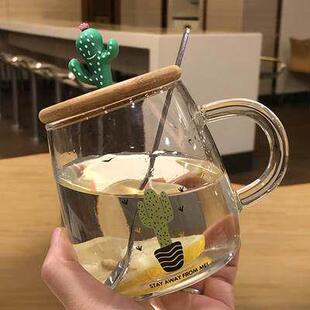 耐热玻璃杯超萌可爱水杯家用带把茶杯燕麦早餐杯学生便携随手杯子