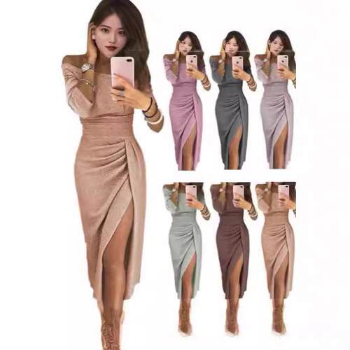 Ladies' hip hugging slit one neck dress, sparkling dress,