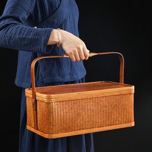 手工竹编制品长方形收纳盒 大漆茶具收纳箱 中式覆古带盖提篮食盒