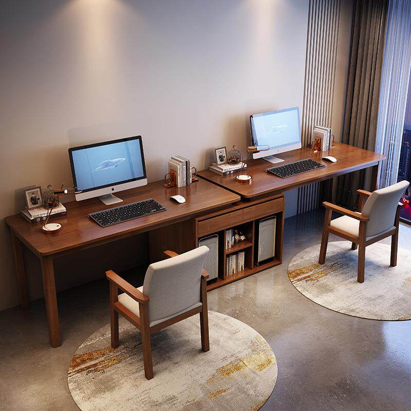 伸缩台式电脑桌书房高端办公学习桌带储物柜家用实木书桌机箱一体