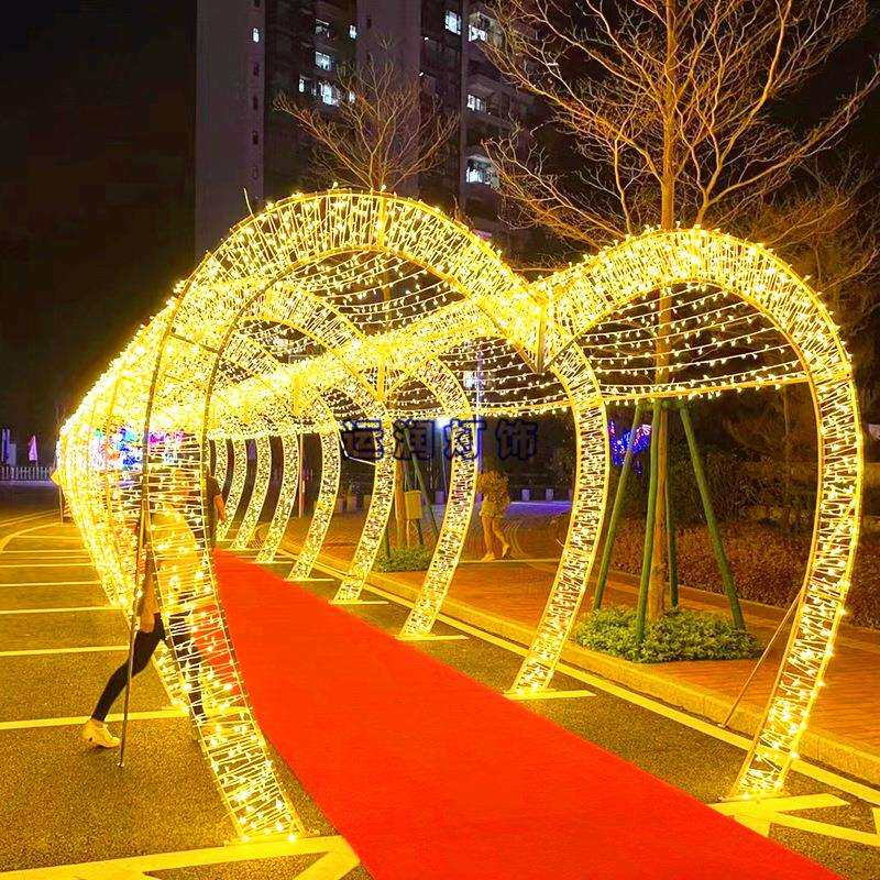 LED节日过街灯 LED彩色玫瑰花隧道拱门造型灯 梦幻灯光节厂家制作