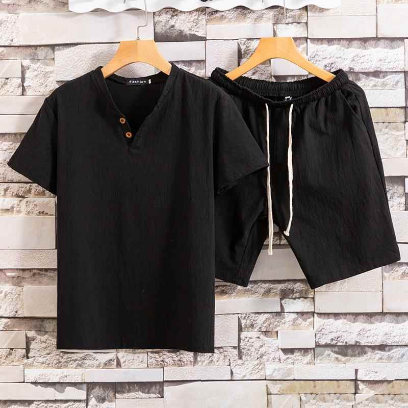 two-button size and short-sleeved mens shorts cotton suit